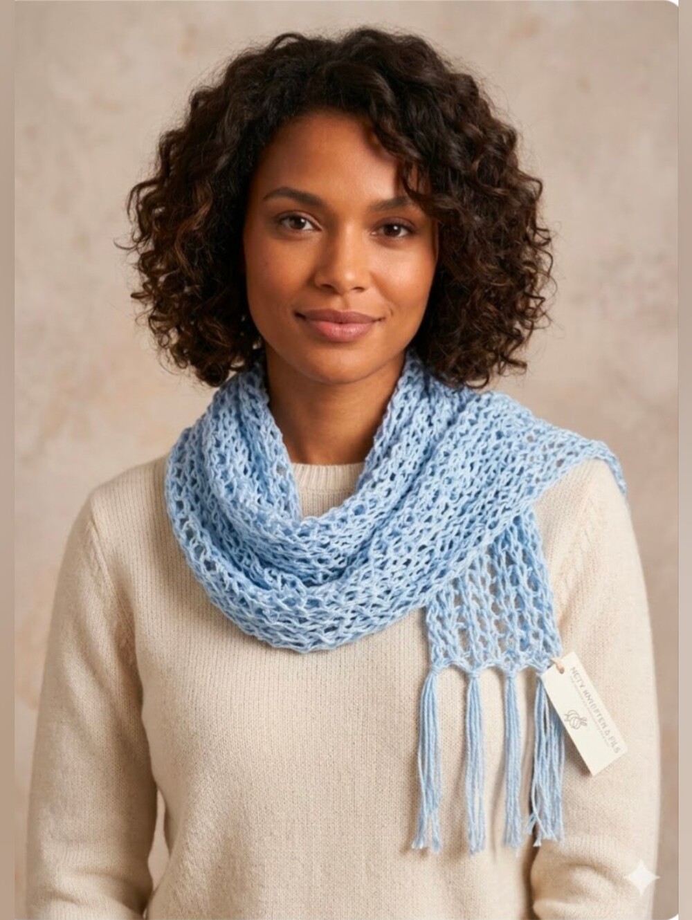 NWT! Handmade Crochet Scandi Style Open Weave Skinny Scarf Light Blue
